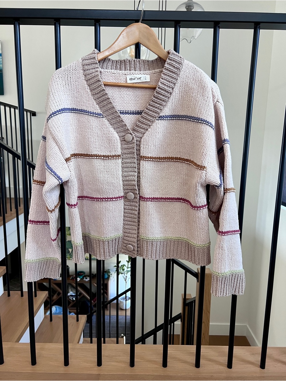 New In Oversized Beige Striped Open-Front Women's Cardigan Sweater - Picture 4 of 11